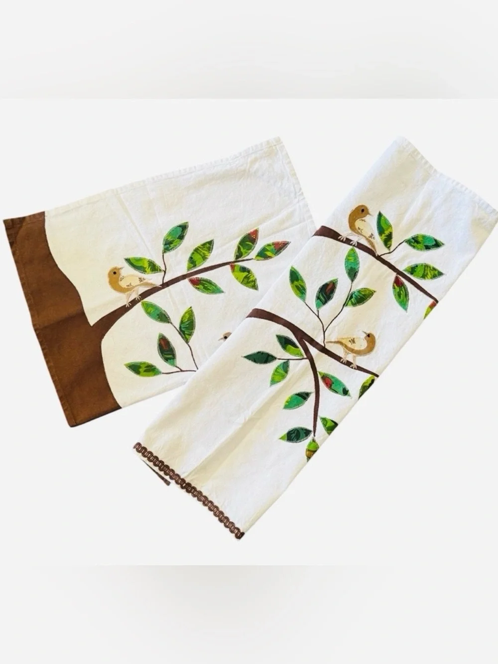 NWOT Hand embroidered 2 tea towels hand stitched kitchen birds guest linens